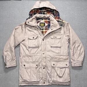 Vintage Flannel Lined Jacket Mens Medium Beige Hooded Parka Branded Lion 80s